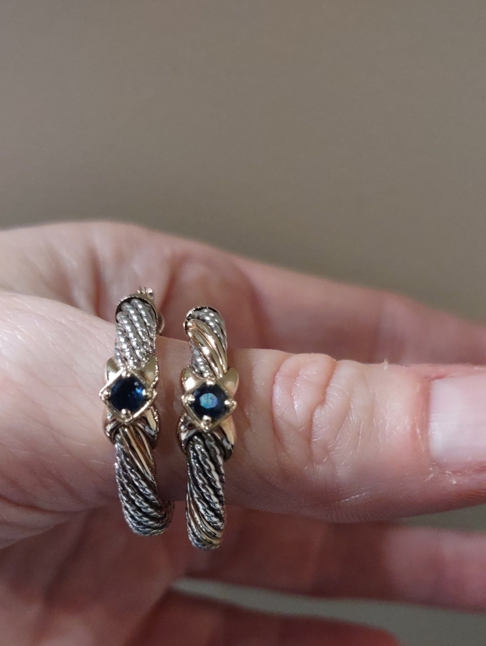 Sterling Silver And 14kt Yellow Gold Twist Hoop Earrings With Blue Sapphire
